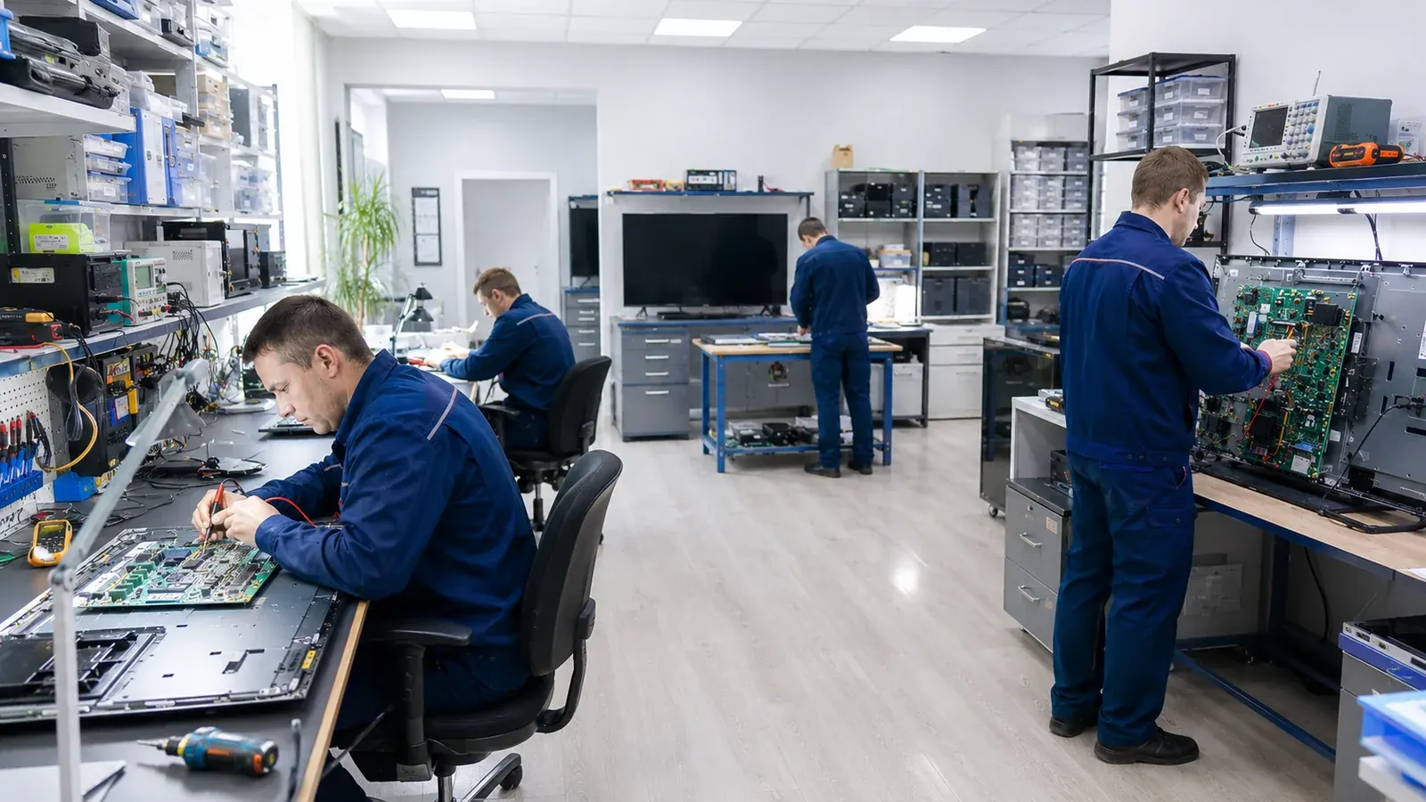 Мастера ремонтируют телевизоры в сервисе